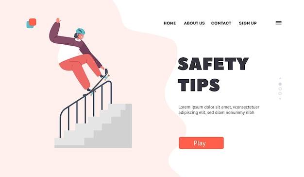 Skateboarding safety tips landing page template street extreme
sport youth urban culture teen boy in skate park