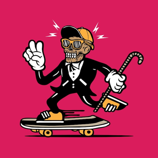 Skateboarding skull wearing sunglasses in tuxedo mascot character design hand drawing vector