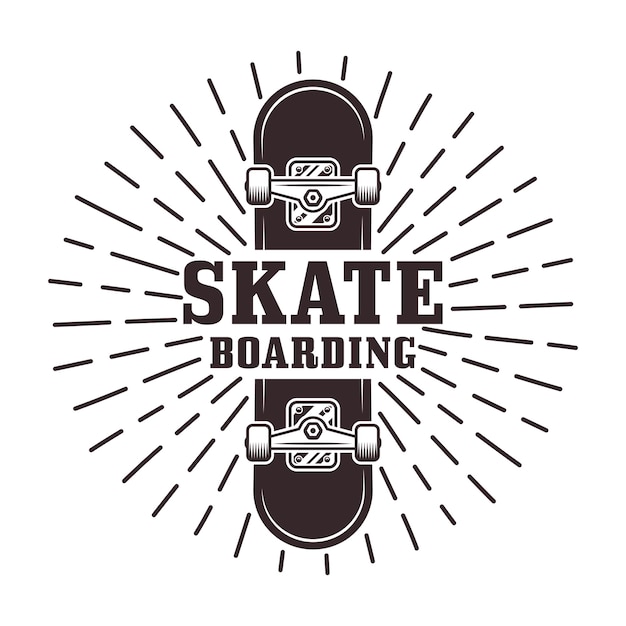 Skateboarding stamp or label with rays and text in monochrome retro style