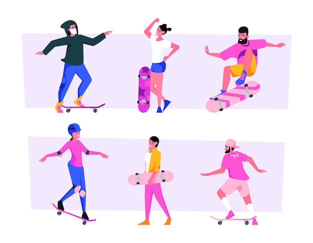 Vettore skateboard adolescenti sportivi persone che cavalcano pattini e rulli persone attive in azione pose su longboard sgargianti illustrazioni vettoriali piatte