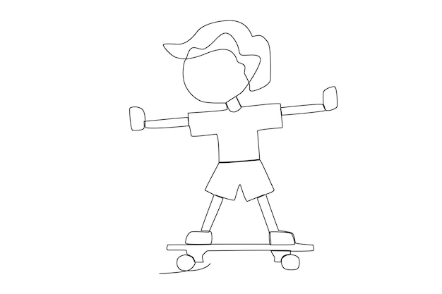 A skater boy practising basic skateboarding in the skatepark one line art