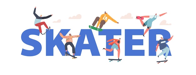 Skater concept boys and girls characters skateboarding activity young people skating longboard jump making stunts and tricks skater lifestyle poster banner or flyer cartoon vector illustration