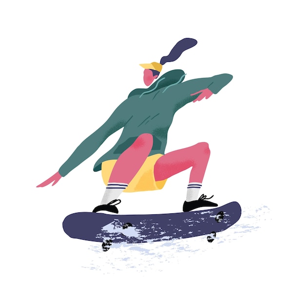 Vector skater riding skateboard. skateboarder jumping or tricking on skate board. summer sports activity. flat textured graphic vector illustration isolated on white background.