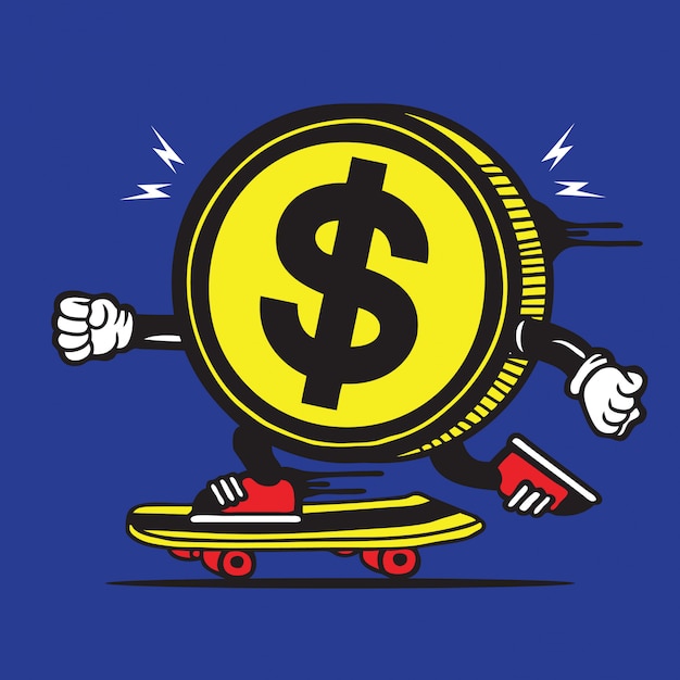 Vettore skater skateboard dollar coin character design