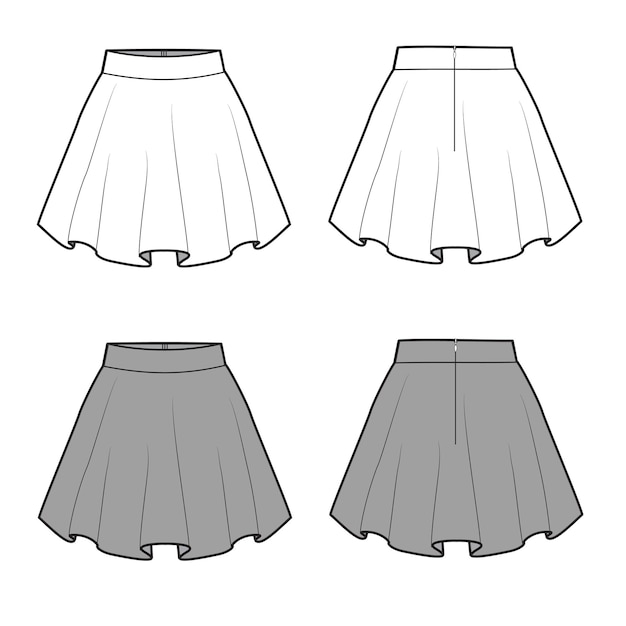 Skater skirt front and back view flat drawing vector illustration template