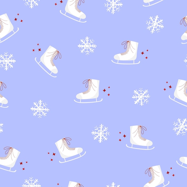 Skates hand drawn winter seamless pattern on blue background