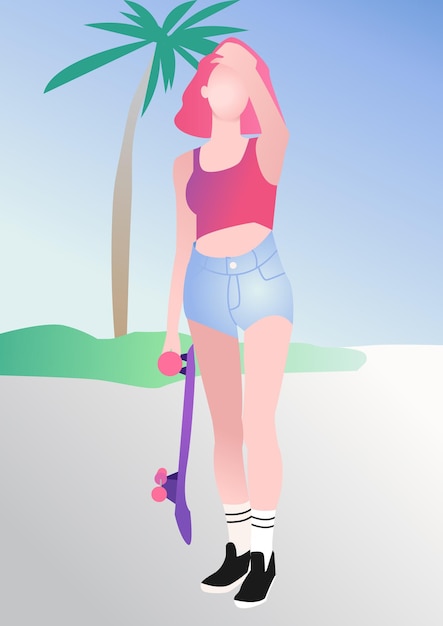 Skating and rolling girl. Walking and chilling. Editable vector illustration