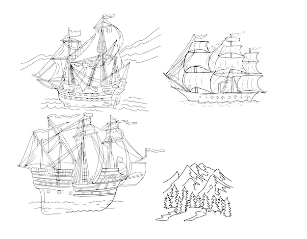 スキート船フリゲート艦歴史的古代旅行冒険海と海の帆ハープのイラスト