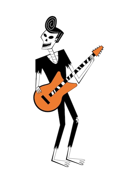 Skelet met gitaar in retro stijl van de jaren 6070 halloween skelet personage in rock stijl