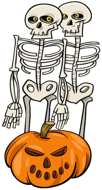 Vector skelet stripfiguren met halloween-pompoen