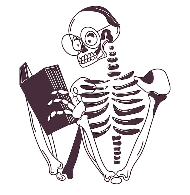 Skeletkarakter met een bril die boek leest