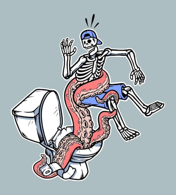 Vector skeleton attacked by toilet monster illustration