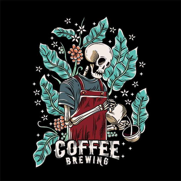 Vector skeleton barista illustration with hand drawn style