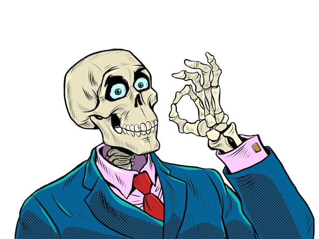 Vector skeleton businessman ok gesture good business positive dead man business survival