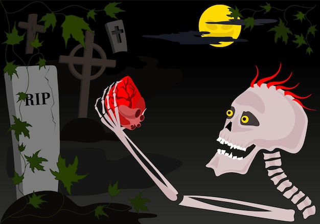 skeleton in a cemetery holding a human heart in his hand