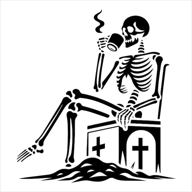 skeleton drinking coffee silhouette vector