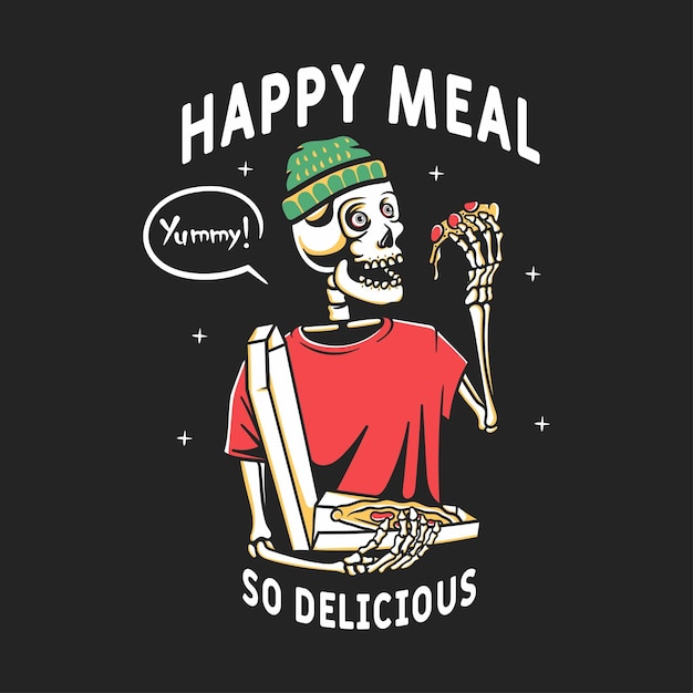 Skeleton eating pizza vector illustration