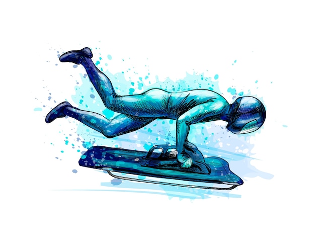 Vector skeleton from splash of watercolors. hand drawn sketch. winter sport descent on a sleigh.  illustration of paints