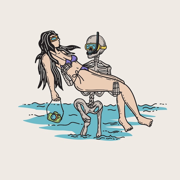 Vector a skeleton and a girl on a beach summer vibes