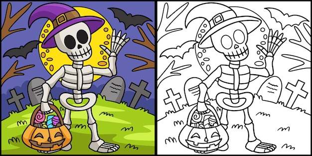 Skeleton Halloween Coloring Colored Illustration