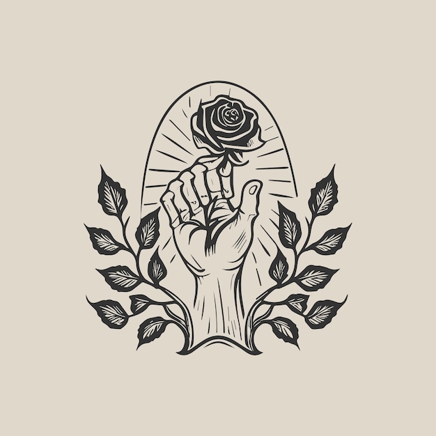 Vector a skeleton hand holding a flower rose and hand tattoo style