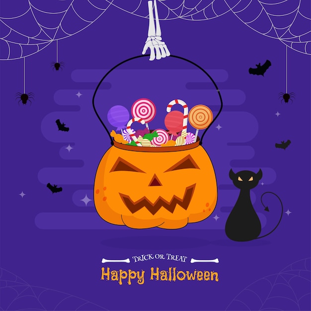 Skeleton Hand Holding Pumpkin Basket Full of Candies