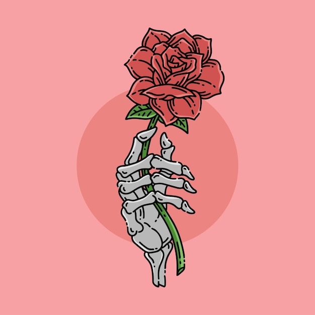 Vector skeleton hand holding rose line art vector