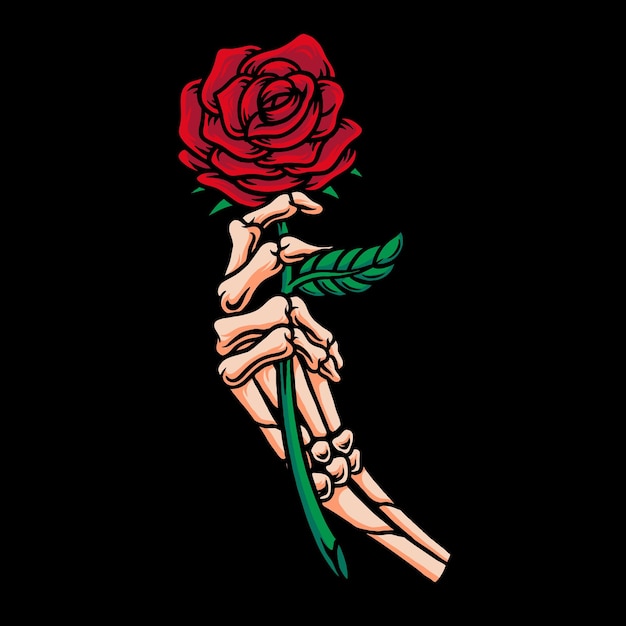 孤立した背景のバラのベクトルイラストを握る骨格の手