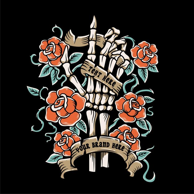 Skeleton hand illustration with roses planted around