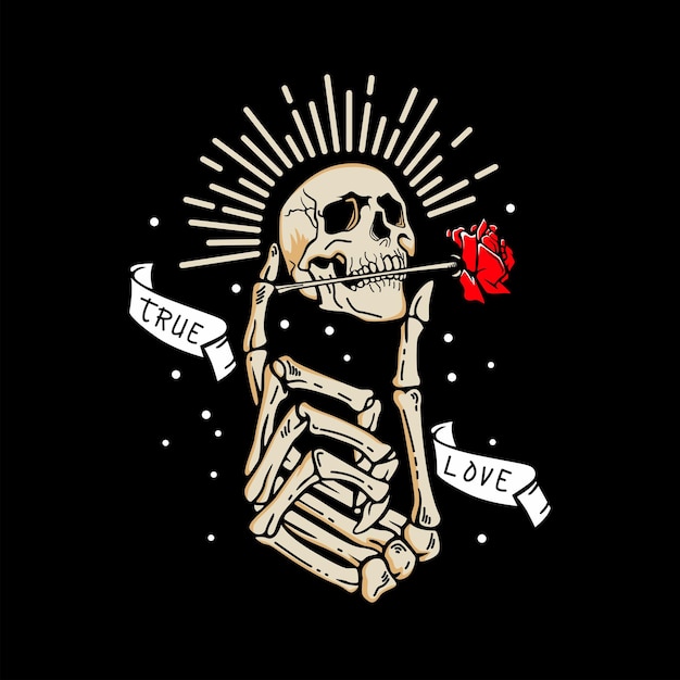 skeleton head holding skull head bite rose