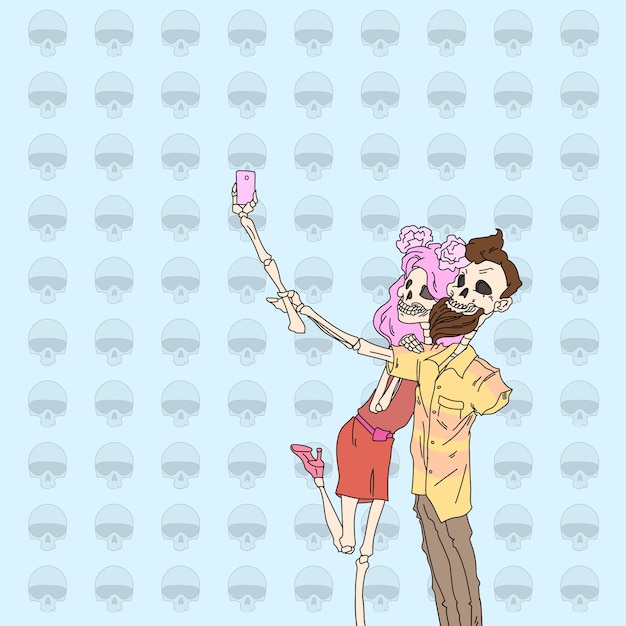 Skeleton hipster couple taking selfie