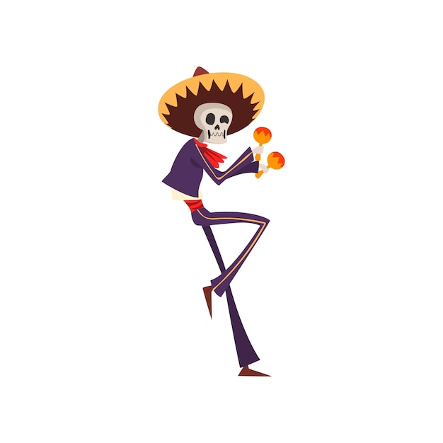 Вектор Скелет в мексиканском национальном костюме танцует и играет на маракасе в день мертвых