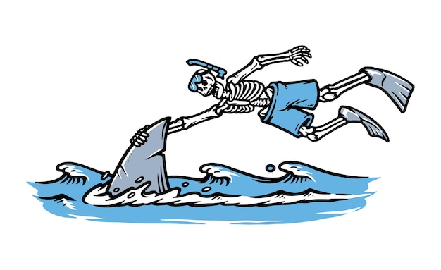 A skeleton is being pulled by a shark.