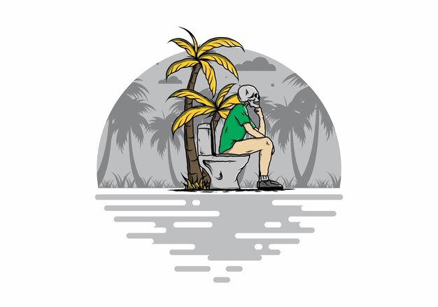 Человек-скелет сидит на иллюстрации наружного туалета