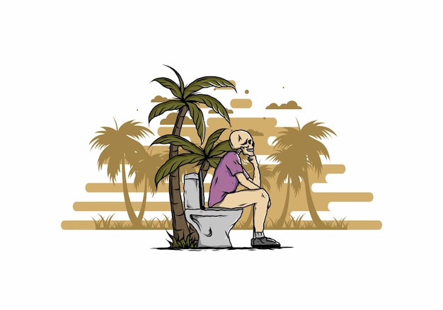 Skeleton man sit on outdoor toilet illustration