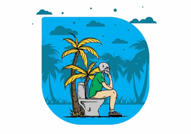 Skeleton man sit on outdoor toilet illustration