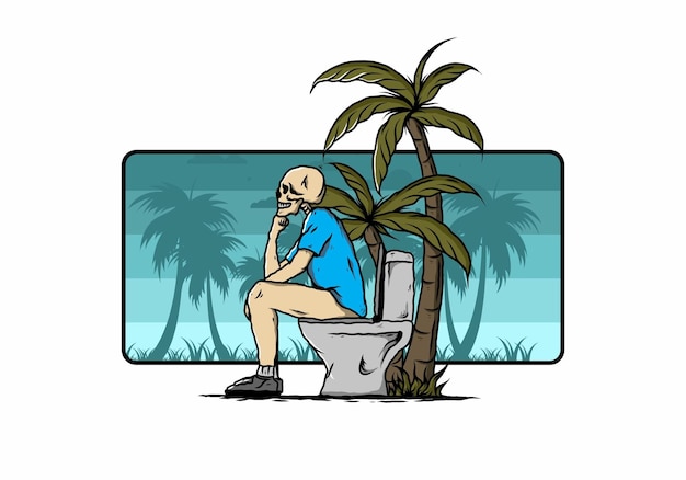 Skeleton man sit on outdoor toilet illustration