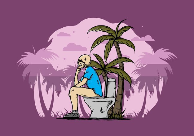 Skeleton man sit on outdoor toilet illustration