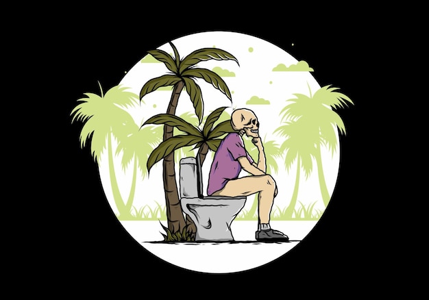 Skeleton man sit on outdoor toilet illustration