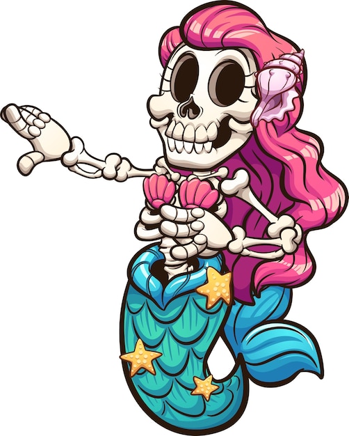 Vector skeleton mermaid with pink hair dancing