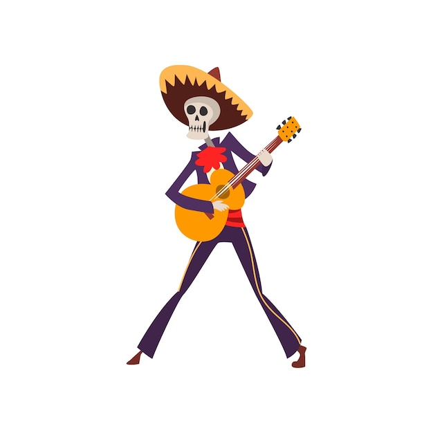 Skeleton in mexican traditional costume dancing singing playing guitar dia de muertos day of the