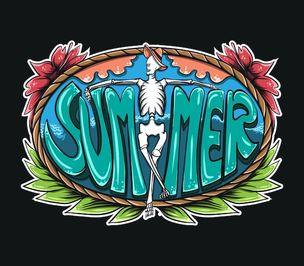 Vector skeleton in the middle of summer lettering with colorful frame illustration on black background