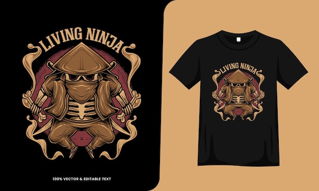 Skeleton ninja retro vintage design with tshirt template
