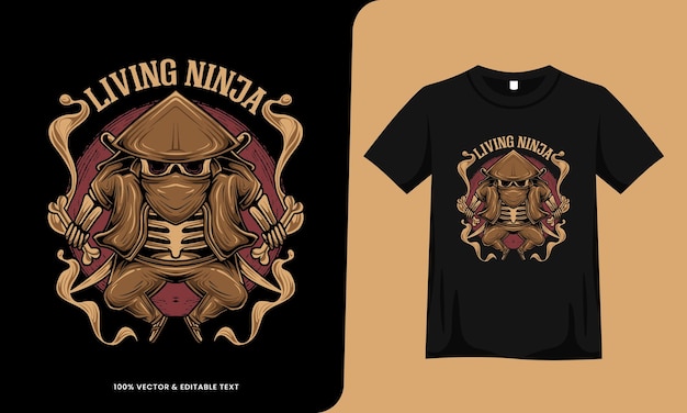 Vector skeleton ninja retro vintage design with tshirt template