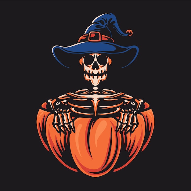 Vector skeleton and orange pumpkin character vector ilustration