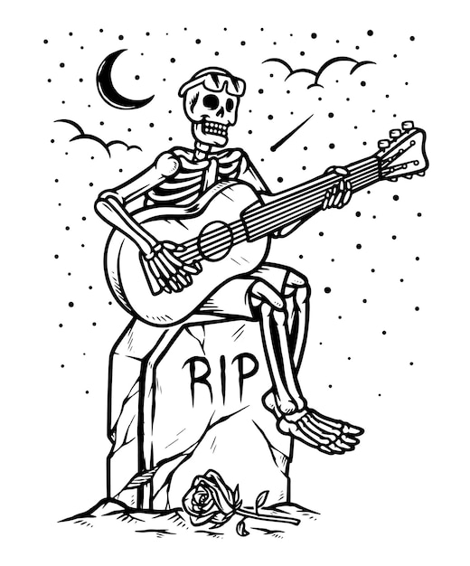 skeleton playing guitar in grave line illustration