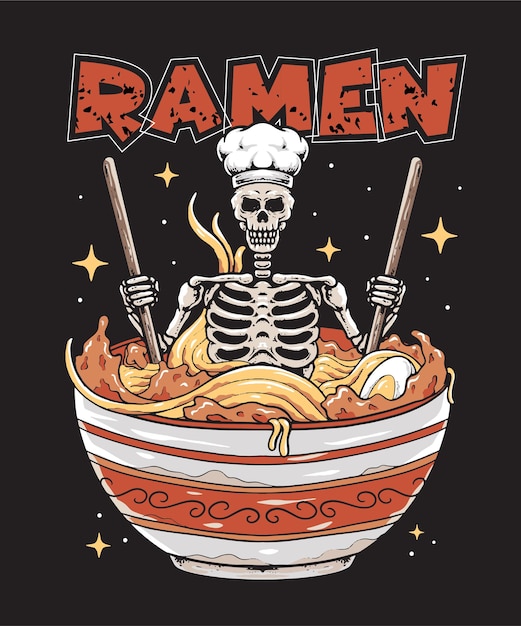 Vettore scheletro e ramen cibo giapponese illustrazione