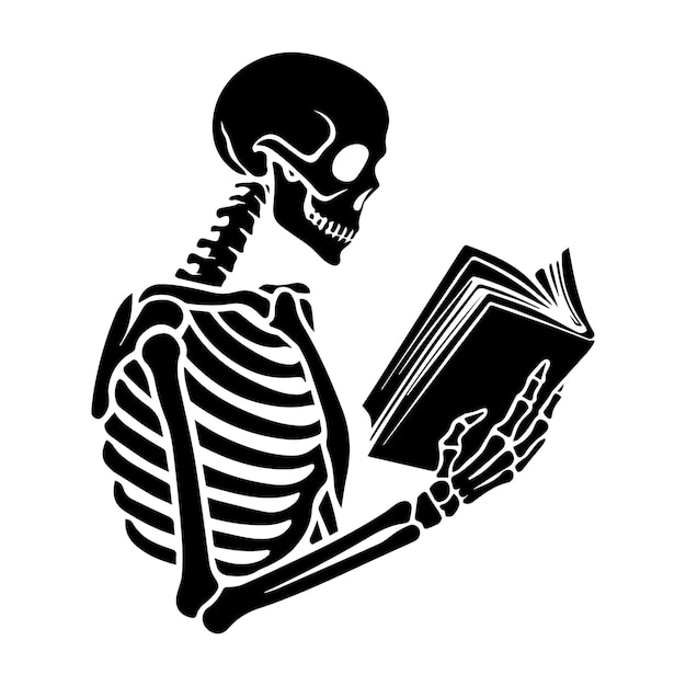 Skeleton reading a book vector illustration in black and white