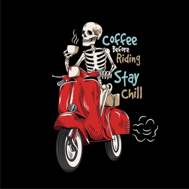 skeleton ride a scooter with a cup of coffee