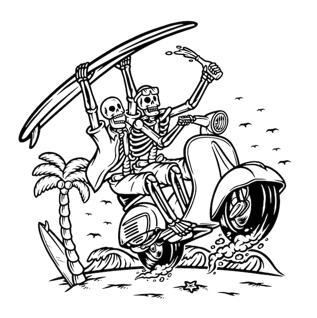 skeleton riding a scooter on the beach line illustration